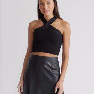 Black Ribbed Cross Halter Top